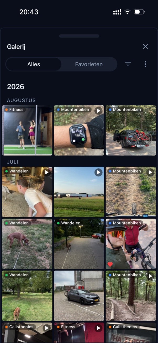 De galerij: alle check-ins als tegels, gegroepeerd per maand, elk met een gekleurd label van het doel.