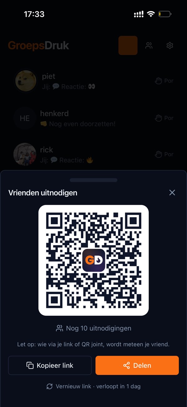 Het uitnodigingenscherm in de app: een QR-code met het GroepsDruk-logo erin, hoeveel uitnodigingen je nog over hebt en knoppen om de link te kopiëren of te delen.