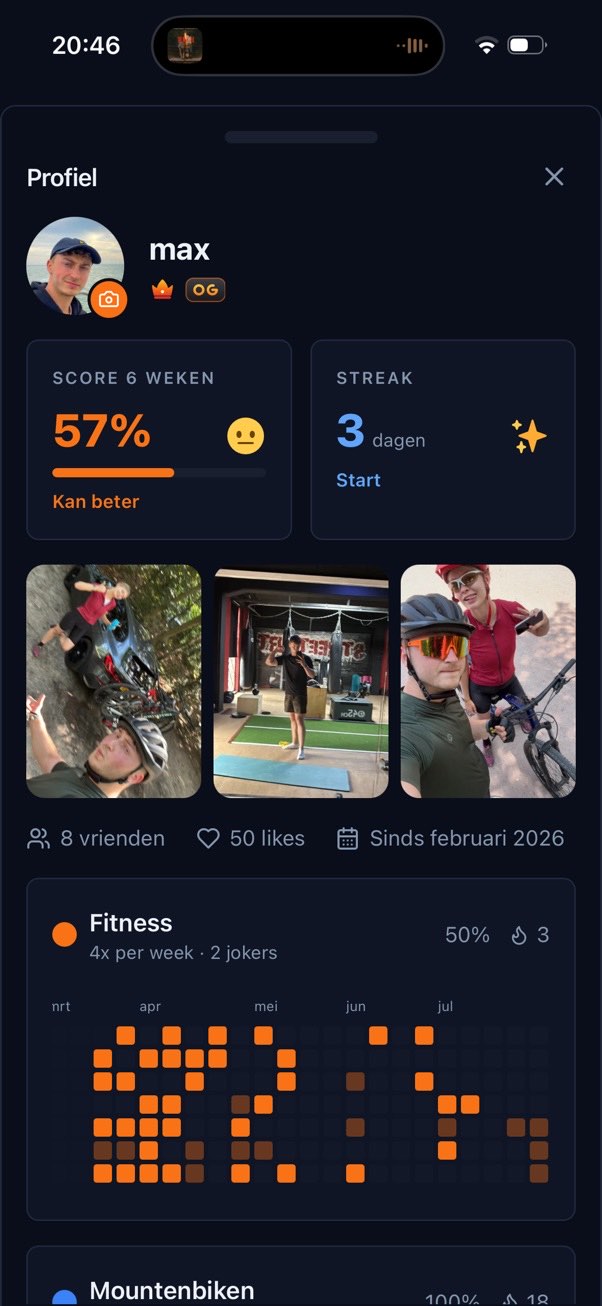 Profielscherm: score, streak, je laatste check-ins en per doel een jaarkalender met de dagen dat je het deed.